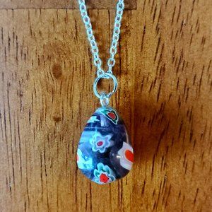 Glass Pendant Necklace, Millefiori Pendant, 22" Silver Tone Chain, Black Red